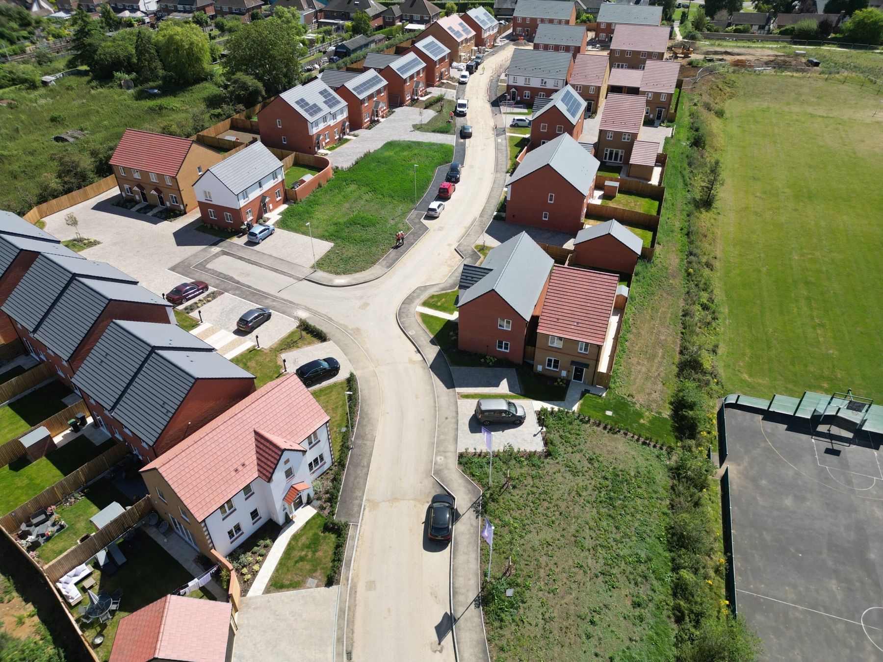 Aerial view of an affordable housing development
